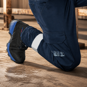 Hombre usando pantalón ignífugo FIREWEAR® azul marino con rodilla flexionada.