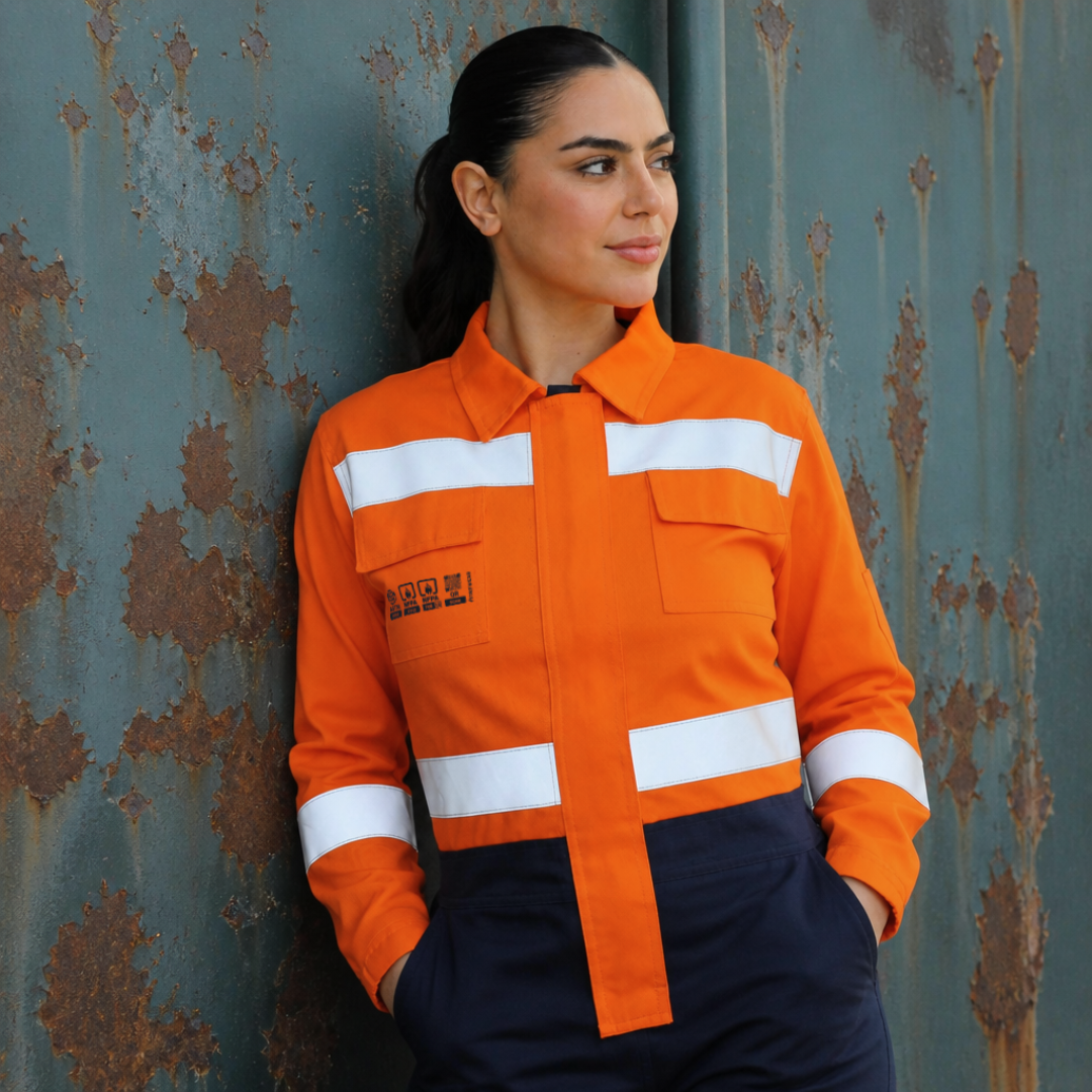 Mujer usando overol ignífugo FIREWEAR® bicolor en entorno industrial.
