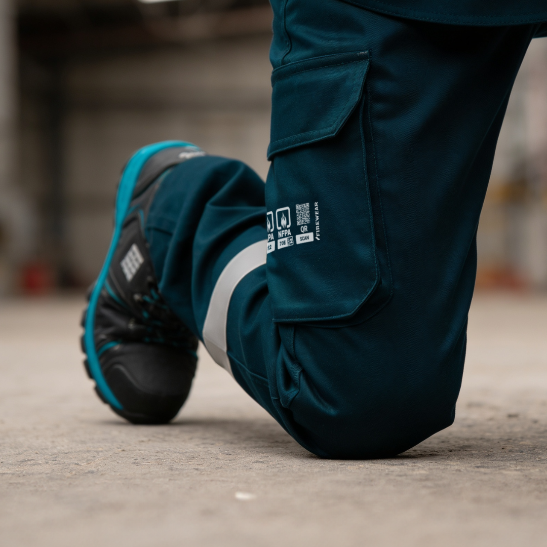 Hombre usando pantalón ignífugo FIREWEAR® azul marino en movimiento durante una jornada industrial.