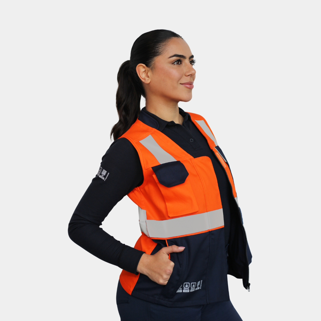 Mujer usando geólogo ignífugo FIREWEAR® bicolor naranjo y azul R201-2 en vista lateral.