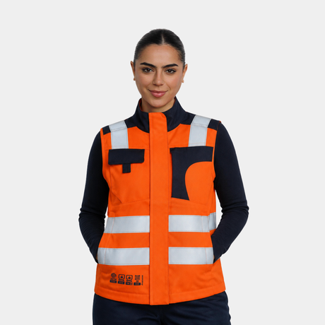 Mujer usando geólogo ignífugo FIREWEAR® bicolor naranjo y azul R201-6 en vista frontal.