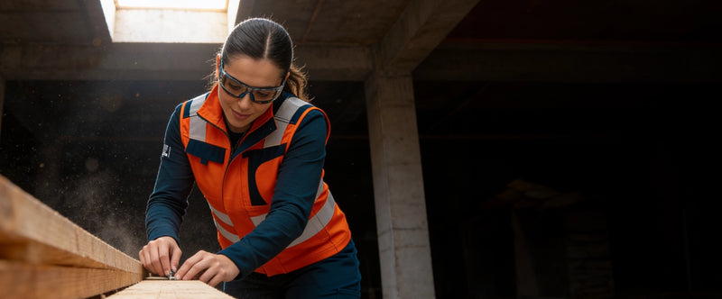 Trabajadora usando geólogo ignífugo FIREWEAR® bicolor naranjo y azul marino durante una jornada industrial.