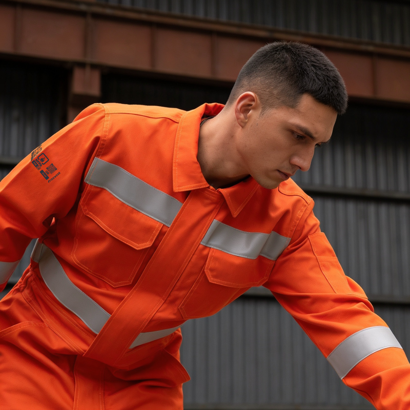 Hombre usando overol ignífugo FIREWEAR® naranjo en movimiento durante una jornada industrial.