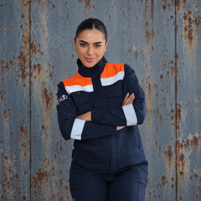Mujer usando chaqueta ignífuga FIREWEAR® azul marino y naranja de VITATEX con cintas reflectantes.